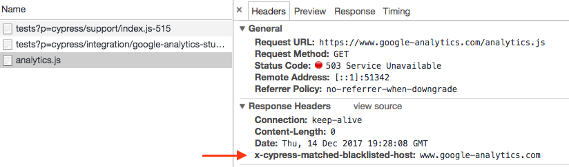 Network tab of dev tools with analytics.js request selected and the response header highlighted 