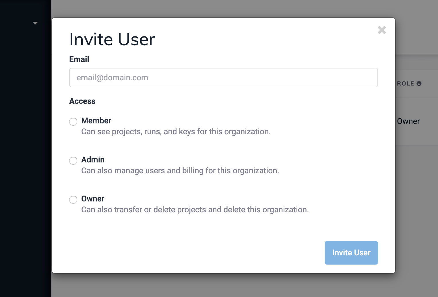Invite User dialog